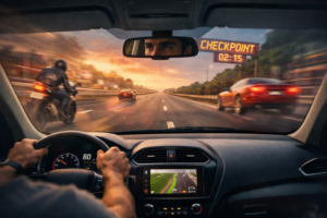 Driver’s perspective of long-distance highway driving showing focused attention and mental engagement